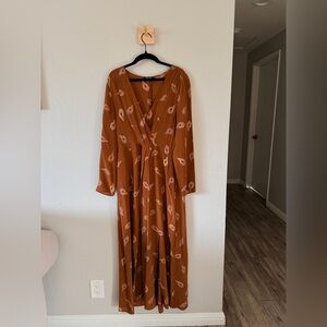 Madewell Rust Long Sleeve Dress with Leaf Pattern Silk